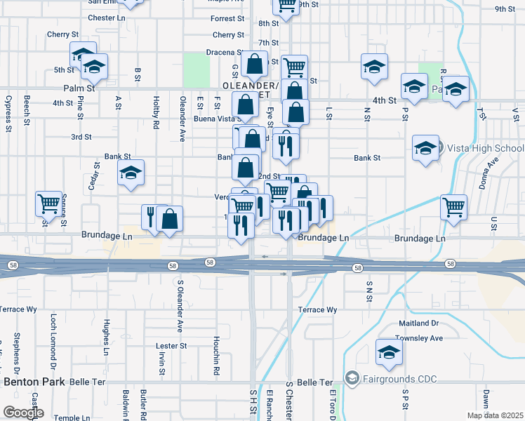 map of restaurants, bars, coffee shops, grocery stores, and more near 1612 1st Street in Bakersfield