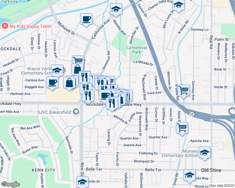 map of restaurants, bars, coffee shops, grocery stores, and more near 4800 Stockdale Highway in Bakersfield