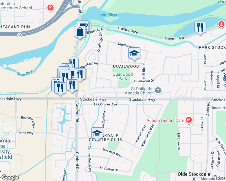 map of restaurants, bars, coffee shops, grocery stores, and more near 7501 Quailwood Drive in Bakersfield