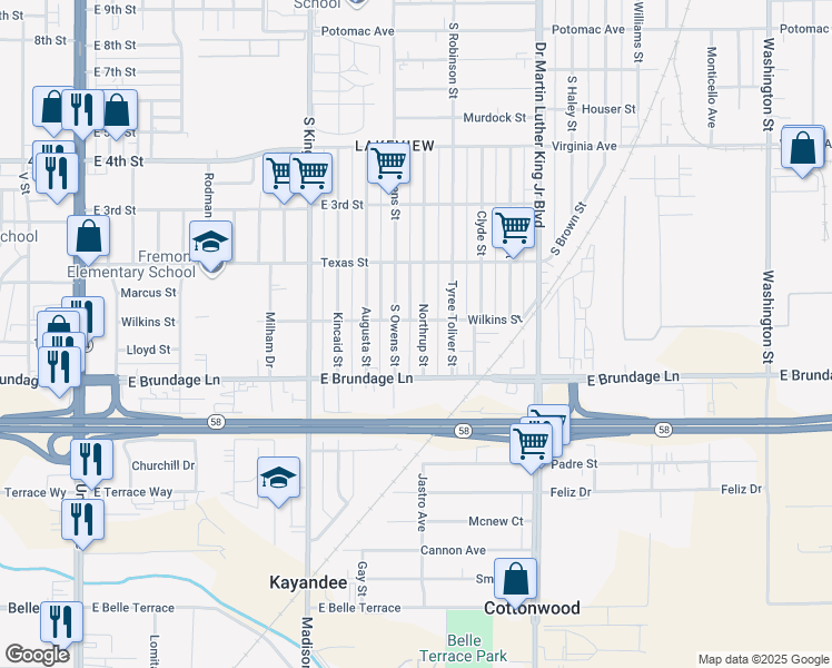 map of restaurants, bars, coffee shops, grocery stores, and more near 27 South Owens Street in Bakersfield