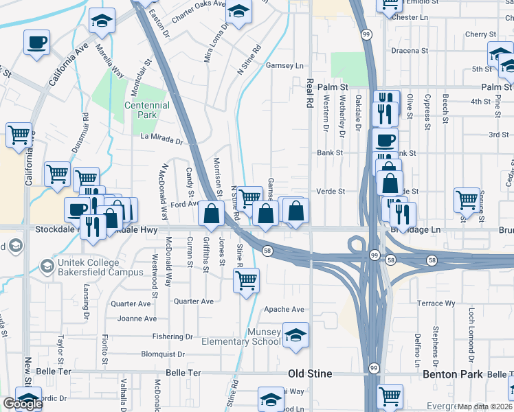 map of restaurants, bars, coffee shops, grocery stores, and more near 10 North Stine Road in Bakersfield