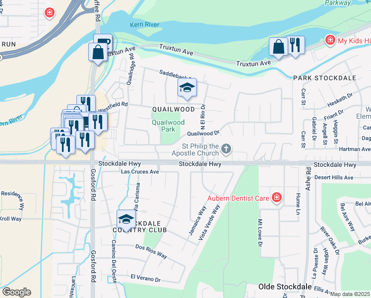 map of restaurants, bars, coffee shops, grocery stores, and more near 7300 Stockdale Highway in Bakersfield