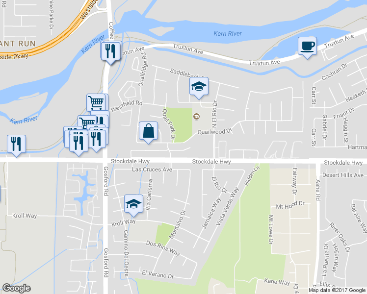 map of restaurants, bars, coffee shops, grocery stores, and more near 7338 Stockdale Highway in Bakersfield