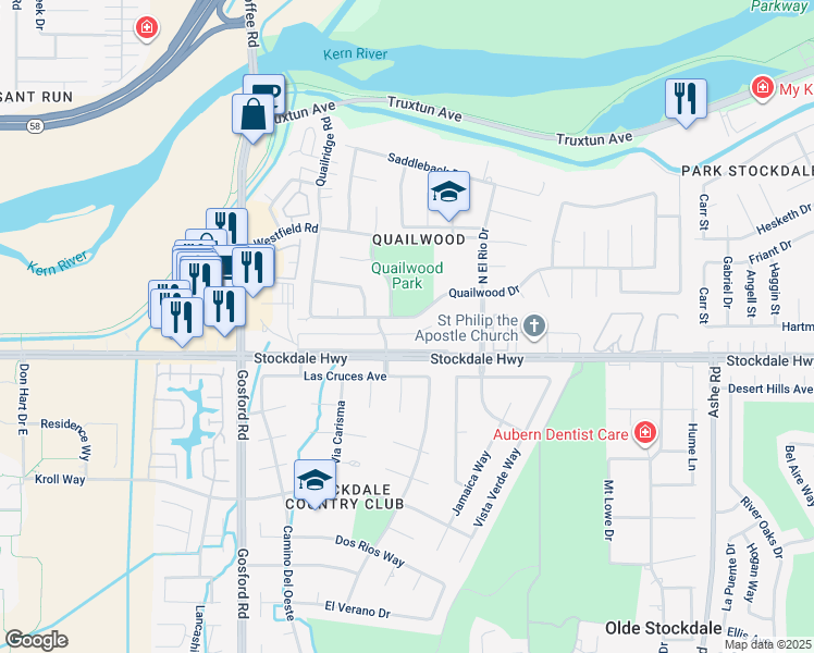 map of restaurants, bars, coffee shops, grocery stores, and more near 7338 Stockdale Highway in Bakersfield
