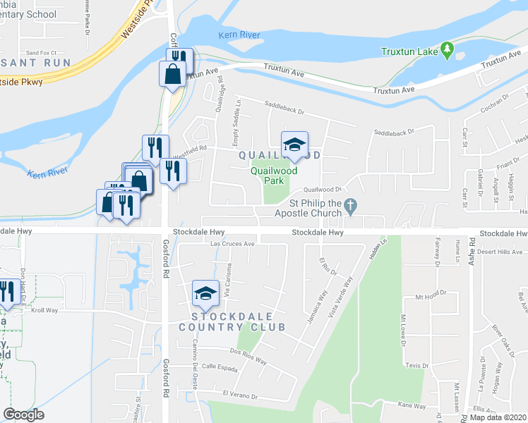 map of restaurants, bars, coffee shops, grocery stores, and more near 7409 Quailwood Drive in Bakersfield