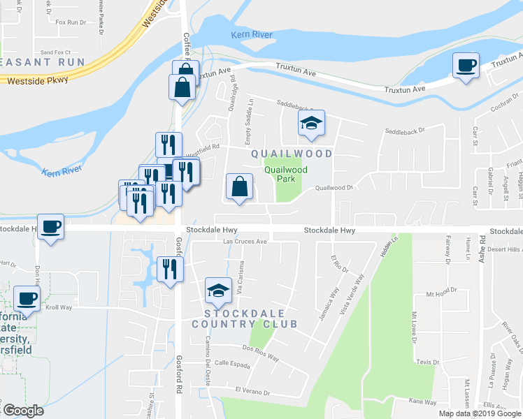 map of restaurants, bars, coffee shops, grocery stores, and more near 7409 Quailwood Drive in Bakersfield