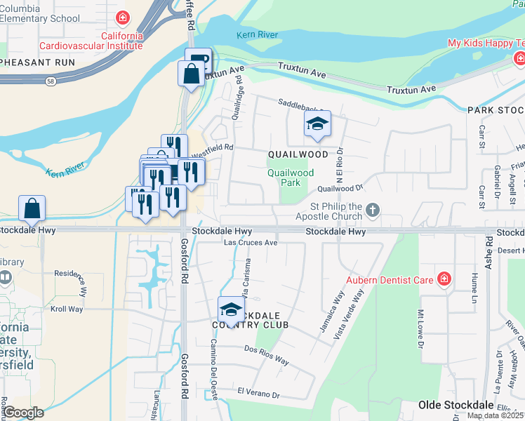 map of restaurants, bars, coffee shops, grocery stores, and more near 7600 Stockdale Highway in Bakersfield