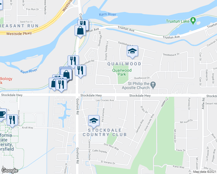 map of restaurants, bars, coffee shops, grocery stores, and more near 7600 Stockdale Highway in Bakersfield