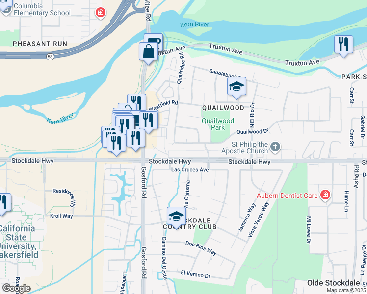 map of restaurants, bars, coffee shops, grocery stores, and more near 7600 Stockdale Highway in Bakersfield