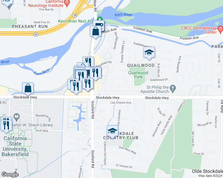 map of restaurants, bars, coffee shops, grocery stores, and more near 7708 Stockdale Highway in Bakersfield