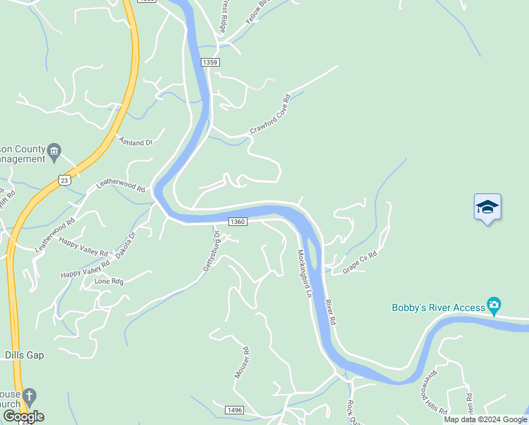 map of restaurants, bars, coffee shops, grocery stores, and more near 1150-1325 Mockingbird Lane in Sylva