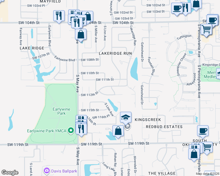map of restaurants, bars, coffee shops, grocery stores, and more near 11308 Country Drive in Oklahoma City