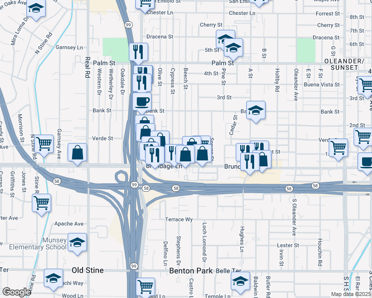 map of restaurants, bars, coffee shops, grocery stores, and more near 412 Beech Street in Bakersfield