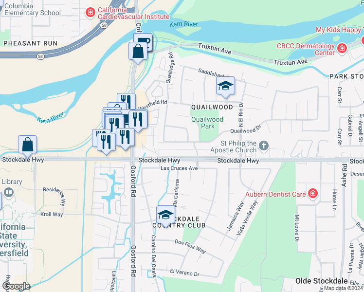 map of restaurants, bars, coffee shops, grocery stores, and more near 7513 Quailwood Drive in Bakersfield