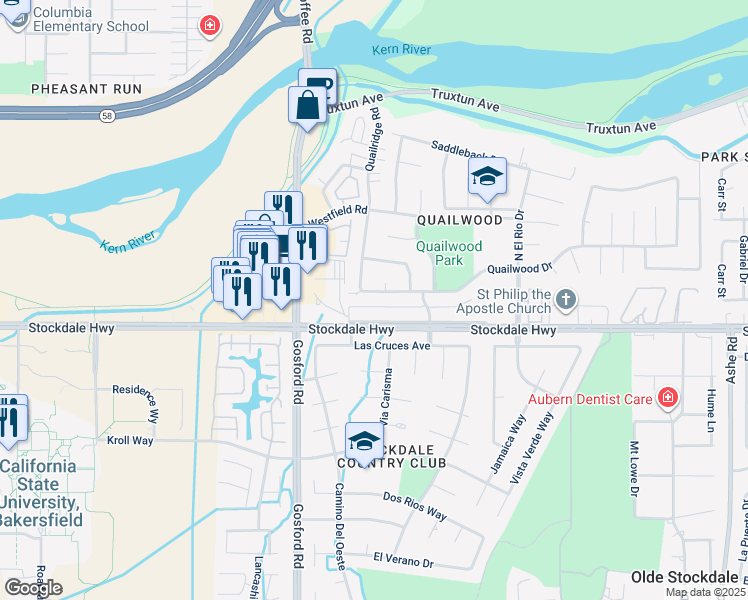 map of restaurants, bars, coffee shops, grocery stores, and more near 7613 Quailwood Drive in Bakersfield