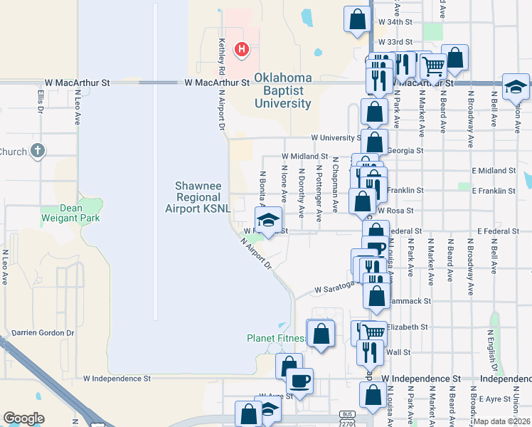 map of restaurants, bars, coffee shops, grocery stores, and more near 2005 North Bonita Avenue in Shawnee