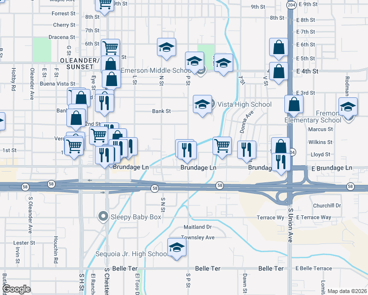 map of restaurants, bars, coffee shops, grocery stores, and more near 105 P Street in Bakersfield