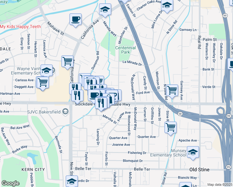 map of restaurants, bars, coffee shops, grocery stores, and more near 4700 Stockdale Highway in Bakersfield
