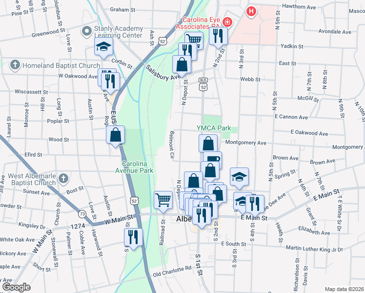 map of restaurants, bars, coffee shops, grocery stores, and more near 322 North Depot Street in Albemarle