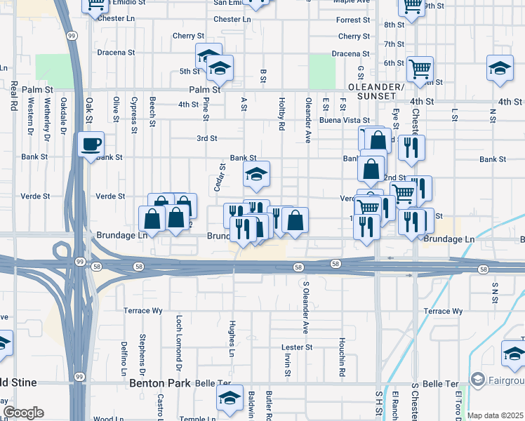 map of restaurants, bars, coffee shops, grocery stores, and more near 2300 1st Street in Bakersfield