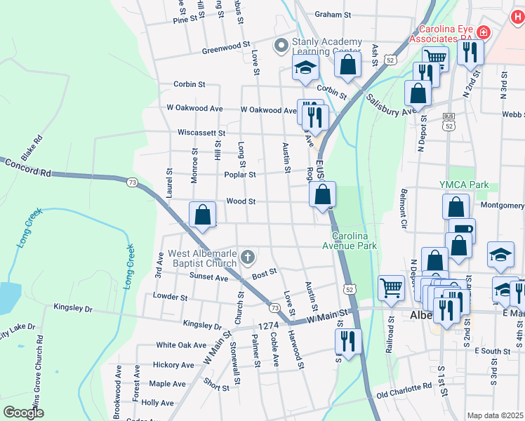 map of restaurants, bars, coffee shops, grocery stores, and more near 517 Love Street in Albemarle