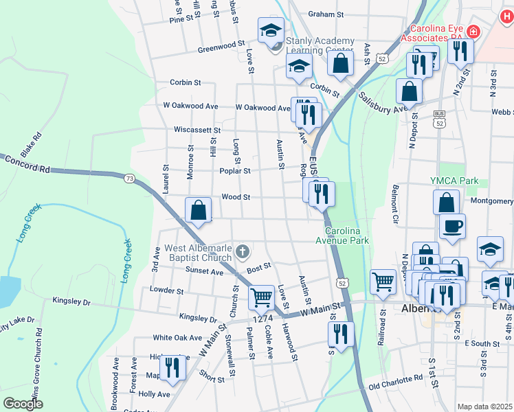 map of restaurants, bars, coffee shops, grocery stores, and more near 517 Love Street in Albemarle