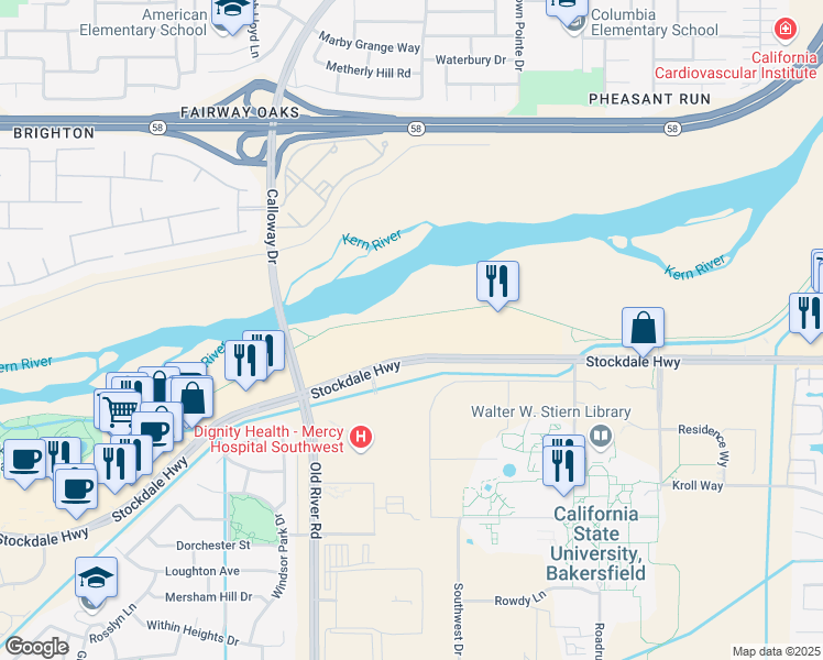 map of restaurants, bars, coffee shops, grocery stores, and more near 9700 Stockdale Highway in Bakersfield