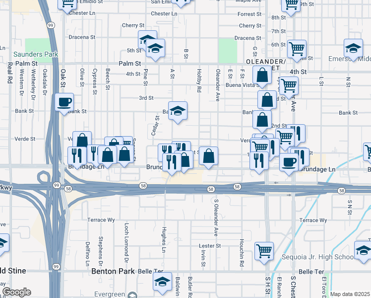 map of restaurants, bars, coffee shops, grocery stores, and more near 2300 1st Street in Bakersfield