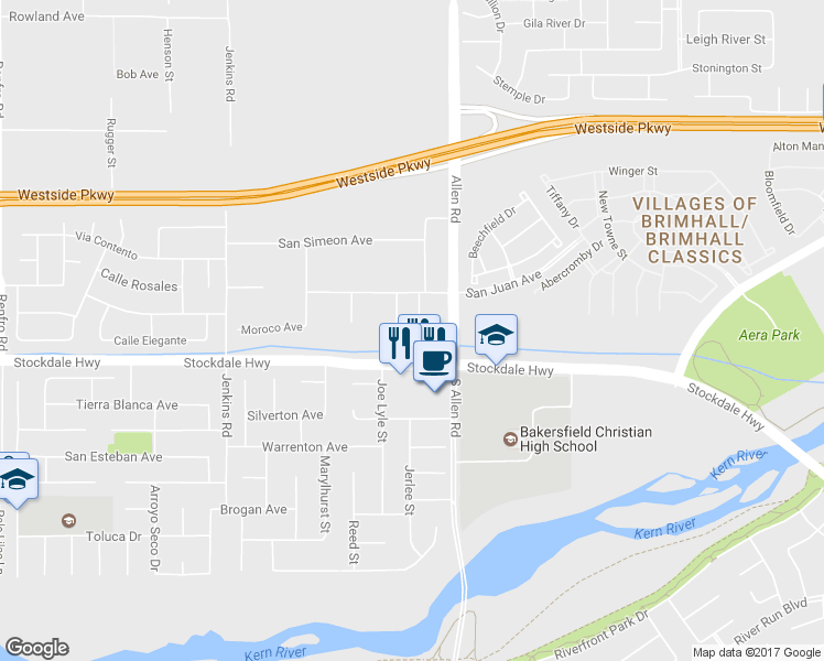map of restaurants, bars, coffee shops, grocery stores, and more near 104 Capistrano Court in Bakersfield