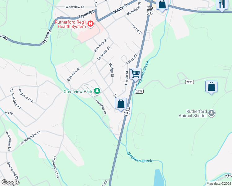 map of restaurants, bars, coffee shops, grocery stores, and more near 185 Tanner Street in Rutherfordton