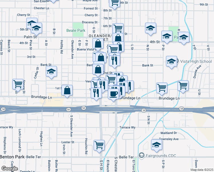 map of restaurants, bars, coffee shops, grocery stores, and more near 1611 1st Street in Bakersfield
