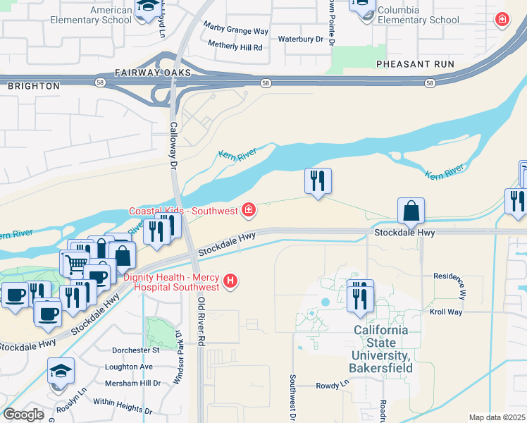 map of restaurants, bars, coffee shops, grocery stores, and more near 9700 Stockdale Highway in Bakersfield