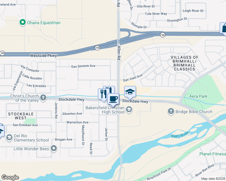 map of restaurants, bars, coffee shops, grocery stores, and more near 13004 Stockdale Highway in Bakersfield