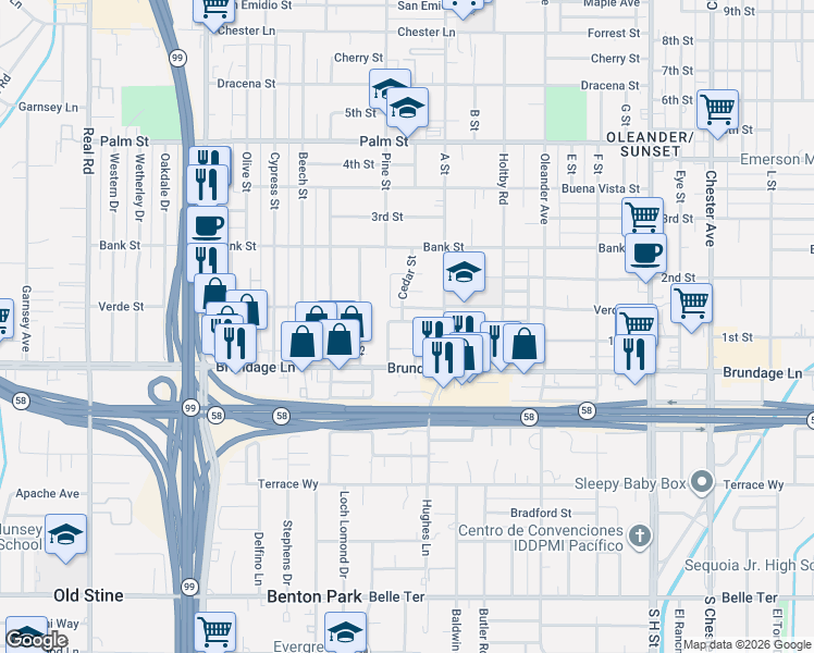 map of restaurants, bars, coffee shops, grocery stores, and more near 111 Cedar Street in Bakersfield