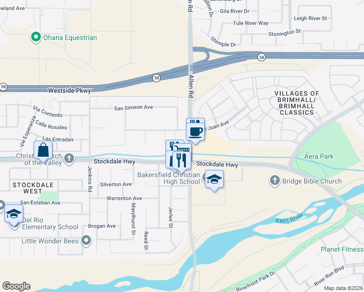 map of restaurants, bars, coffee shops, grocery stores, and more near 13004 Stockdale Highway in Bakersfield