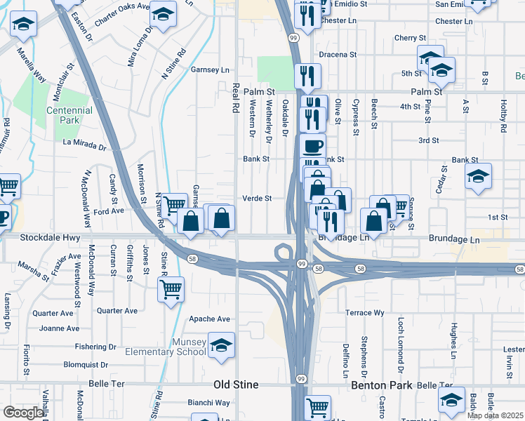 map of restaurants, bars, coffee shops, grocery stores, and more near 31 Wetherley Drive in Bakersfield