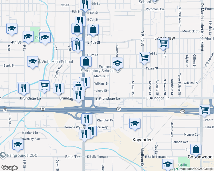 map of restaurants, bars, coffee shops, grocery stores, and more near 421 Wilkins Street in Bakersfield