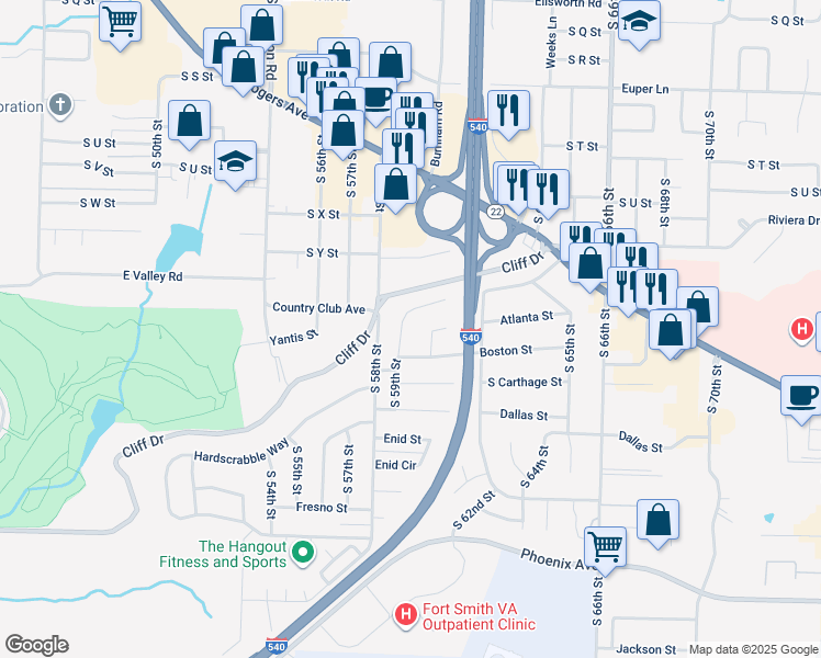 map of restaurants, bars, coffee shops, grocery stores, and more near 2906 South 59th Street in Fort Smith