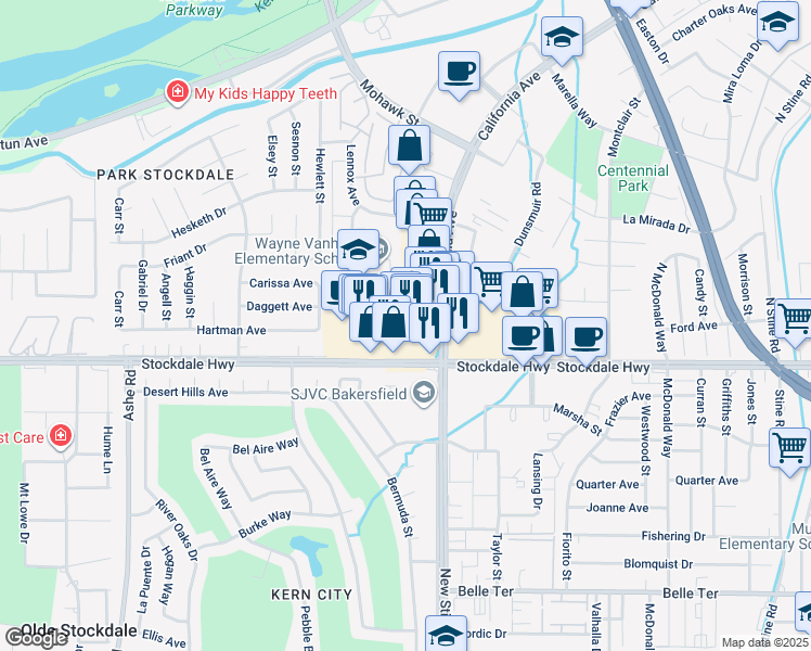 map of restaurants, bars, coffee shops, grocery stores, and more near 5460 Business Center Drive in Bakersfield