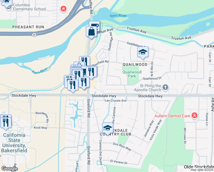 map of restaurants, bars, coffee shops, grocery stores, and more near 7708 Stockdale Highway in Bakersfield