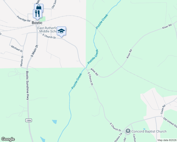 map of restaurants, bars, coffee shops, grocery stores, and more near 478 Church Street in Bostic