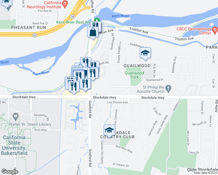 map of restaurants, bars, coffee shops, grocery stores, and more near 7708 Stockdale Highway in Bakersfield