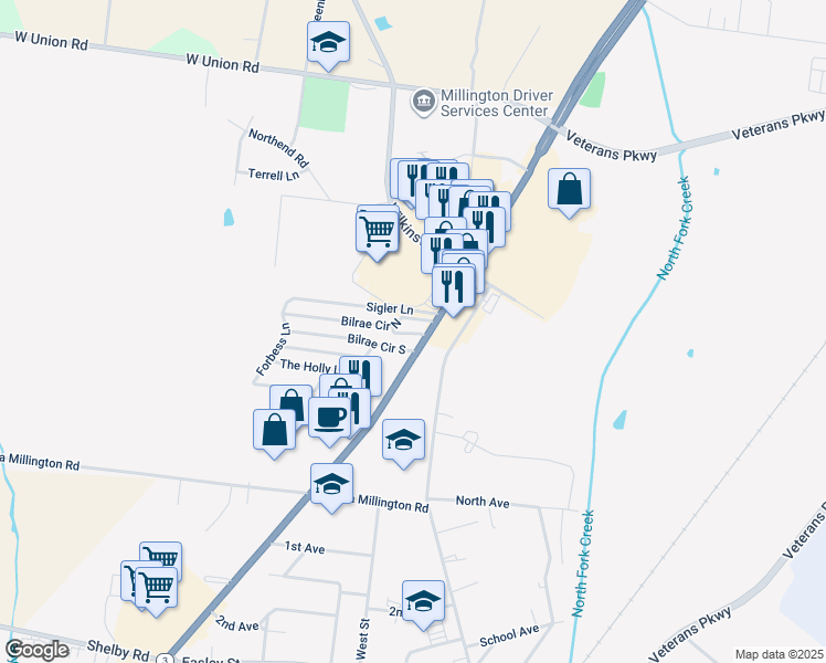 map of restaurants, bars, coffee shops, grocery stores, and more near 8372 Tennessee 3 in Millington