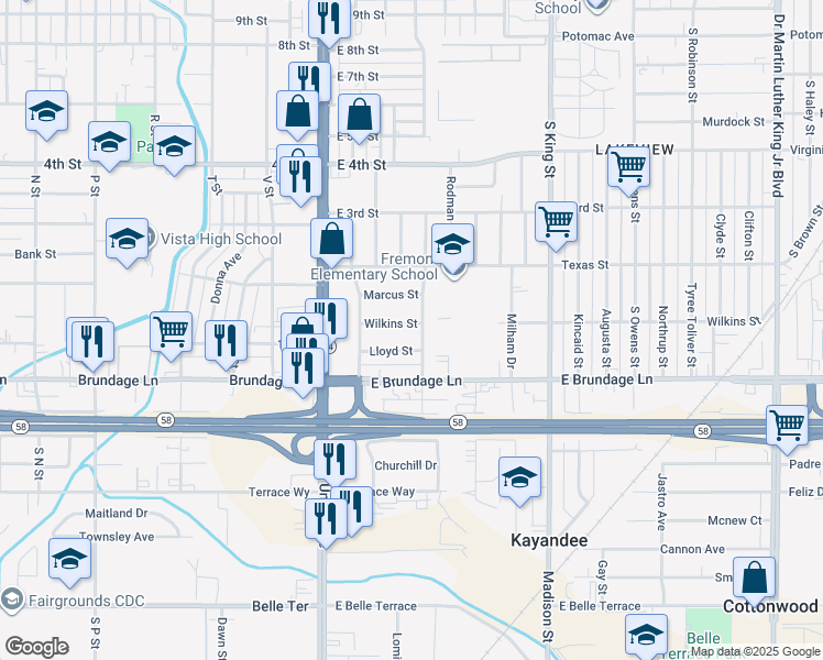 map of restaurants, bars, coffee shops, grocery stores, and more near 421 Wilkins Street in Bakersfield