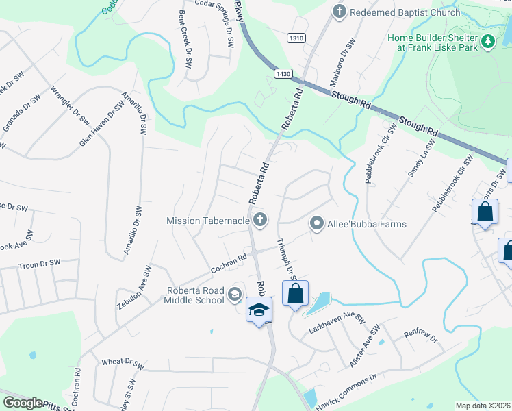 map of restaurants, bars, coffee shops, grocery stores, and more near 4400 Roberta Road in Concord