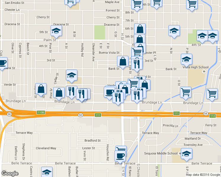 map of restaurants, bars, coffee shops, grocery stores, and more near 1900 1st Street in Bakersfield