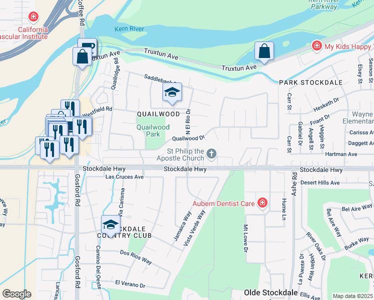 map of restaurants, bars, coffee shops, grocery stores, and more near 7300 Stockdale Highway in Bakersfield