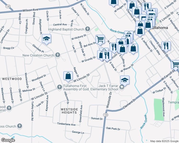 map of restaurants, bars, coffee shops, grocery stores, and more near 200 Fleming Street in Tullahoma