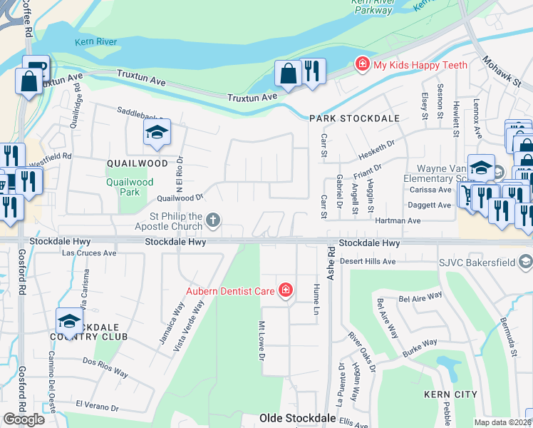 map of restaurants, bars, coffee shops, grocery stores, and more near 124 Stockdale Circle in Bakersfield