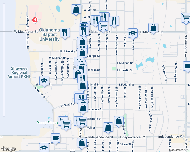 map of restaurants, bars, coffee shops, grocery stores, and more near 2010 North Market Avenue in Shawnee
